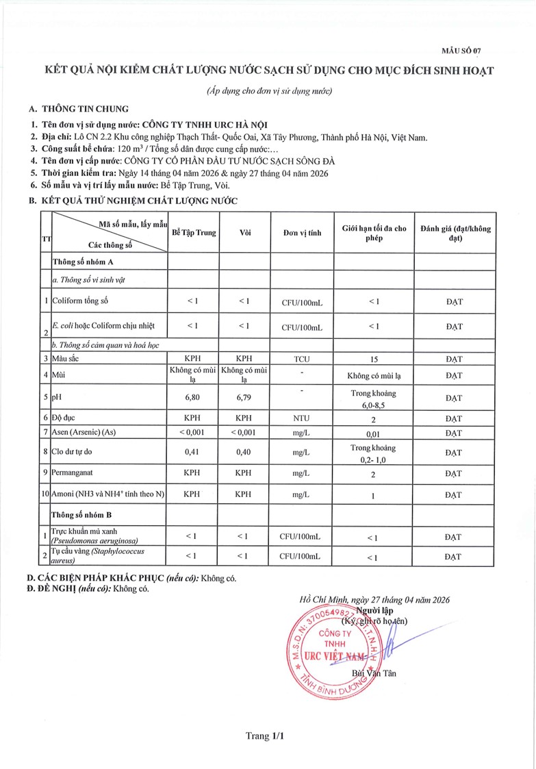 KẾT QUẢ THỬ NGHIỆM CHẤT LƯỢNG NƯỚC - HANOI PLANT (1st 2026)