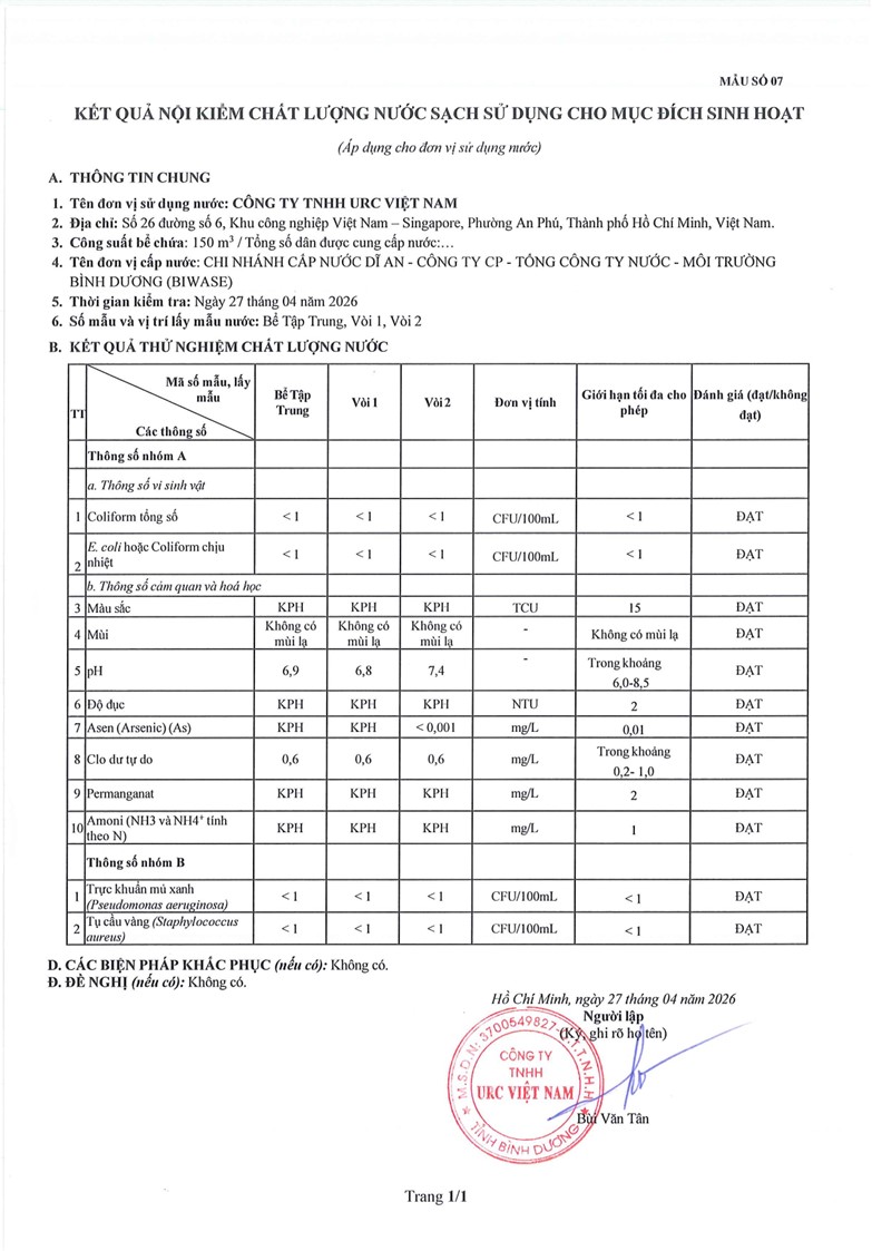KẾT QUẢ THỬ NGHIỆM CHẤT LƯỢNG NƯỚC - PLANT 1 (1st 2026)