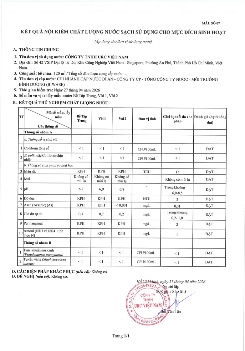 KẾT QUẢ THỬ NGHIỆM CHẤT LƯỢNG NƯỚC - PLANT 2 (1st 2026)